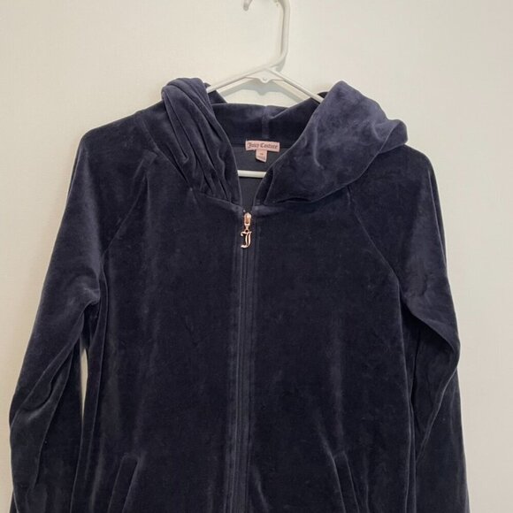 JUICY COUTURE Embellished Velour Hoodie Jacket Navy Blue w/ Back Sequin Logo Y2K - Picture 4 of 14